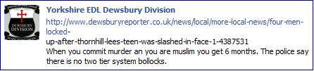 EDL Dewsbury Facebook comment on members' imprisonment