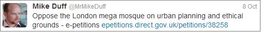 Mike Duff 'mega mosque' tweet
