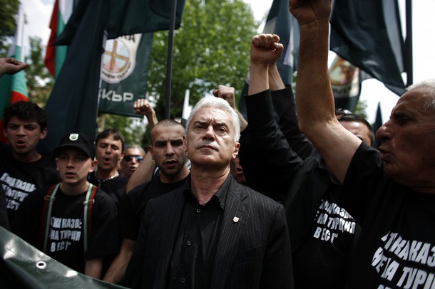 Volen Siderov, leader of Bulgaria's nationalist party "Attack", attends protest in front of Banya Bashi Mosque in central Sofia