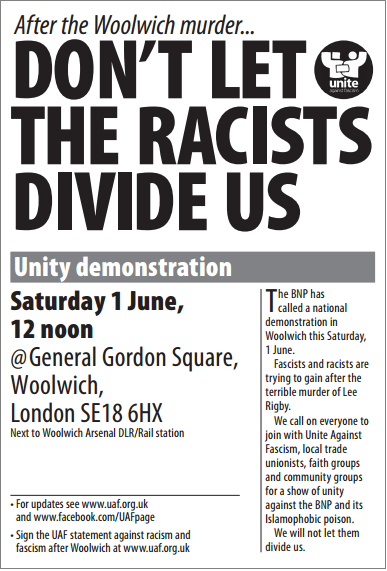 Woolwich unity demonstration flyer