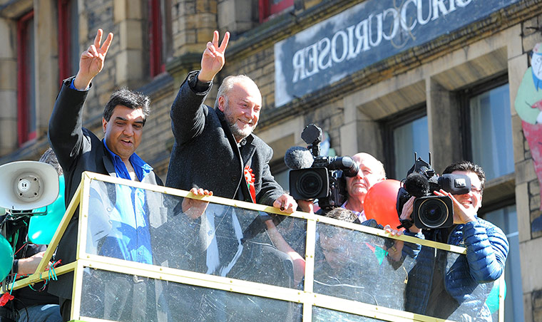 Galloway celebrates after winning the Bradford West by-election