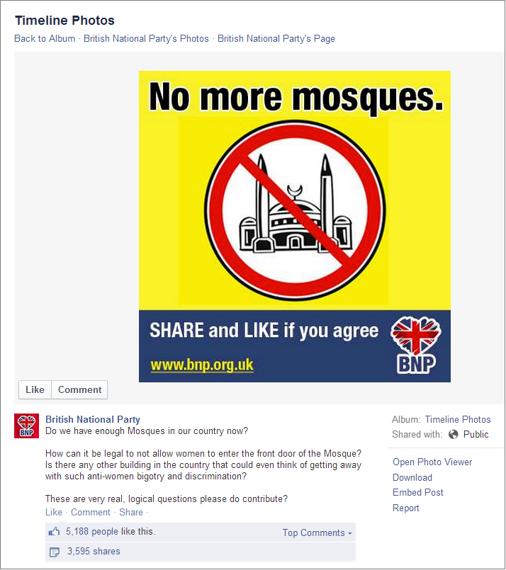 BNP No More Mosques Facebook
