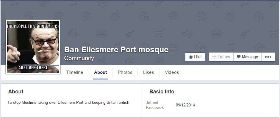 Ban Ellesmere Port mosque Facebook page