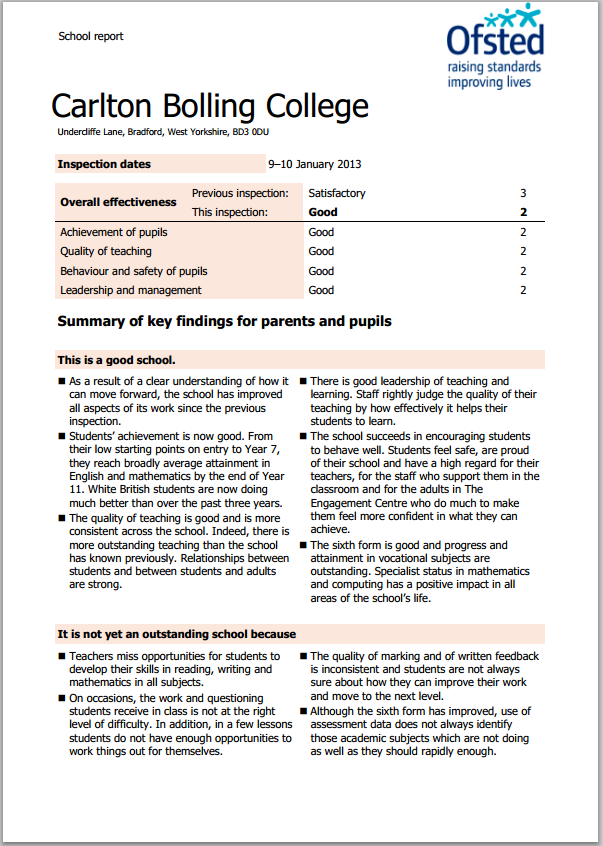 Carlton Bolling Ofsted report