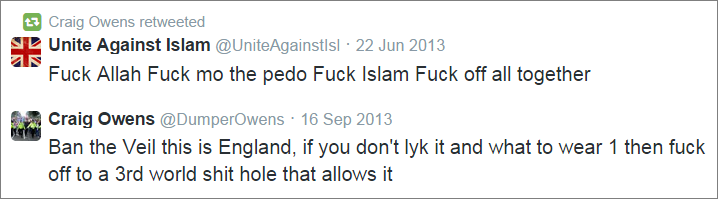 Craig Owens anti-Islam tweets