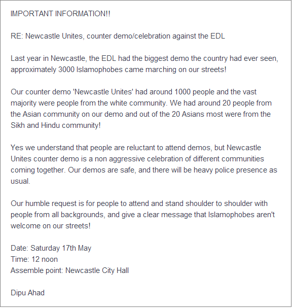 Dipu Ahad info on Newcastle counterprotest