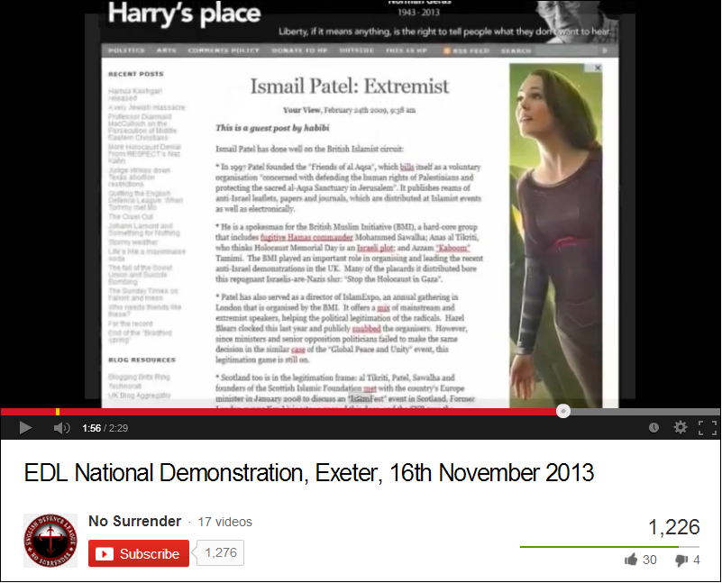 EDL Exeter demo video uses Harry's Place propaganda