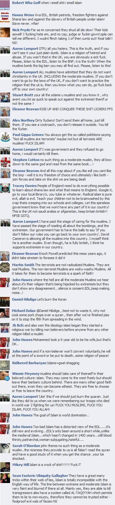EDL Islam Facebook comments