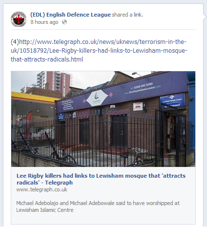 EDL link to Torygraph Lewisham Islamic Centre report