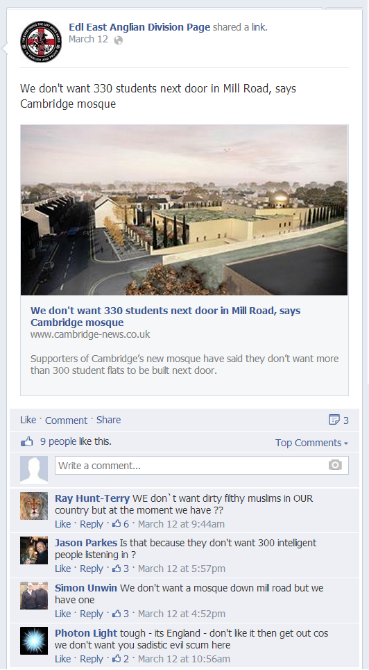 EDL response to Cambridge News report