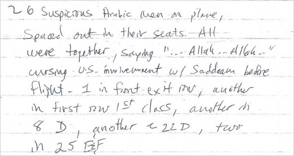 Flying imams passenger's note