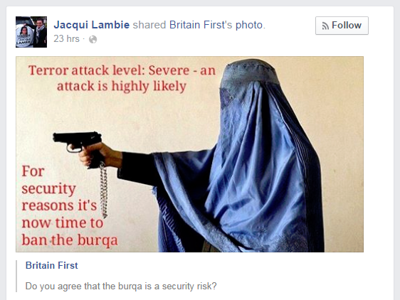 Jacqui Lambie shares Britain First photo