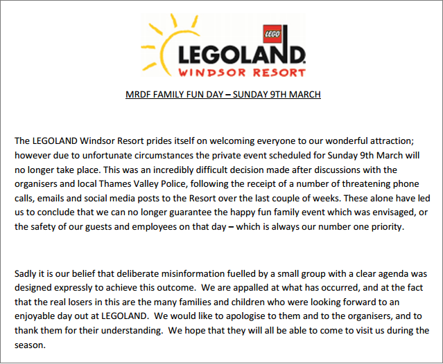Legoland Windsor cancellation press release