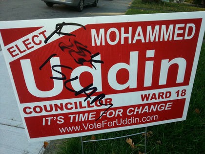 Mohammed Uddin campaign sign defaced