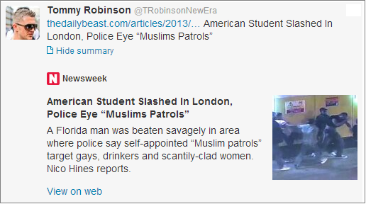 Stephen Lennon Daily Beast Muslim patrols tweet