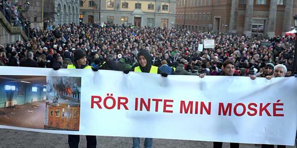 Stockholm demonstration don't touch my mosque banner