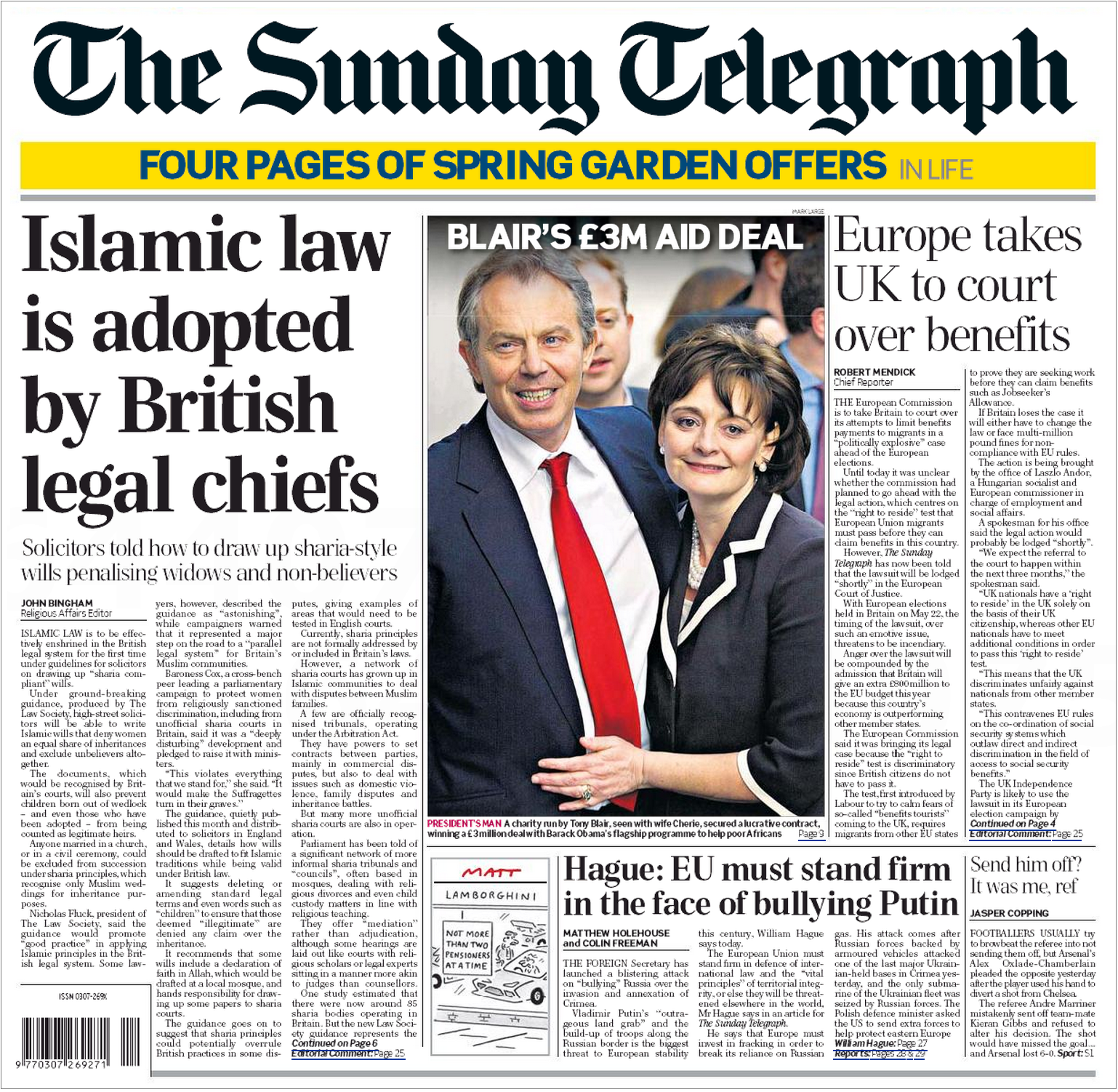 Sunday Telegraph Islamic law front page
